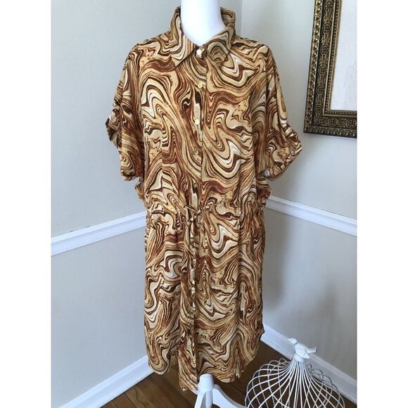 NWT MPH Collection Womens Size 2X Gold Brown Marbled Dress Short Sleeve - Picture 1 of 8